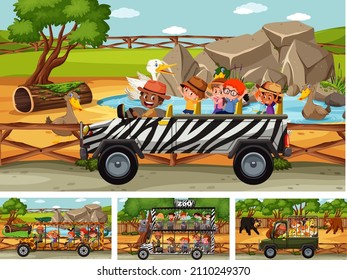 Different safari scenes with animals and kids cartoon character illustration