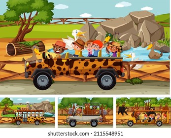 Different safari scenes with animals and kids cartoon character illustration