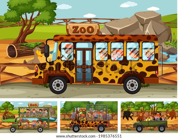 Different safari scenes with animals and\
kids cartoon character\
illustration