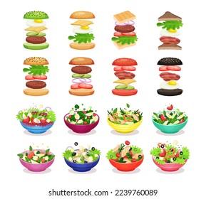 Different Salads in Bowl and Burgers with Ingredients Big Vector Set