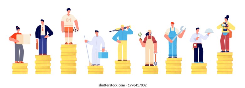 Different salary. Financial person rights, gender and professional money gap. Work inequality, cash growth compare. Jobs opportunities utter vector concept