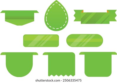 Different sale green ribbons flat icon set. Price badges, special offer labels and discount stickers isolated vector illustration collection. Promotion templates and design elements concept