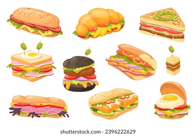 Verschiedene Sandwiches. Sandwich- und Burgerkollektion, Brötchen Panini Fastfood-Zutaten Käse Gemüse leckeres Frühstück Mittagessen Snack, Cartoon-feine Vektorgrafik