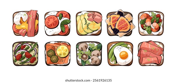 Different sandwiches top view set. Toast bread with avocado, eggs and bacon, salmon, mushrooms. Breakfast food in cartoon style. Healthy eating. Flat isolated vector illustrations on white background