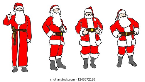 Different santa claus silhouette with some color fill, sketch. Line art.