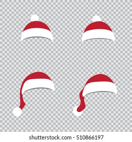 Different Santa red hats on transparent background. Christmas holiday