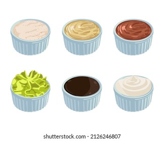 Different sauces in bowls cartoon illustration set. Mustard, guacamole, soy, wasabi, mayonnaise sauces and spicy chili dips isolated on white background. Food, dressing concept