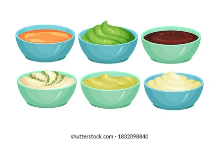 Different Sauces as Liquid or Cream Food Served in Bowls Vector Set