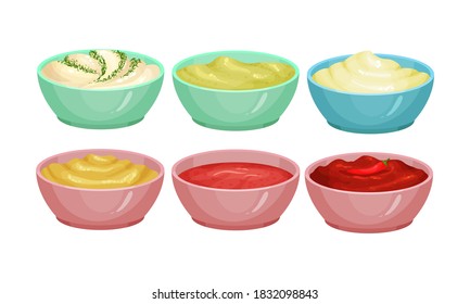 Different Sauces as Liquid or Cream Food Served in Bowls Vector Set