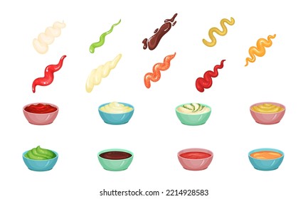 Different Sauces as Liquid or Cream Food Served in Bowls and Squeezed Splash Big Vector Set