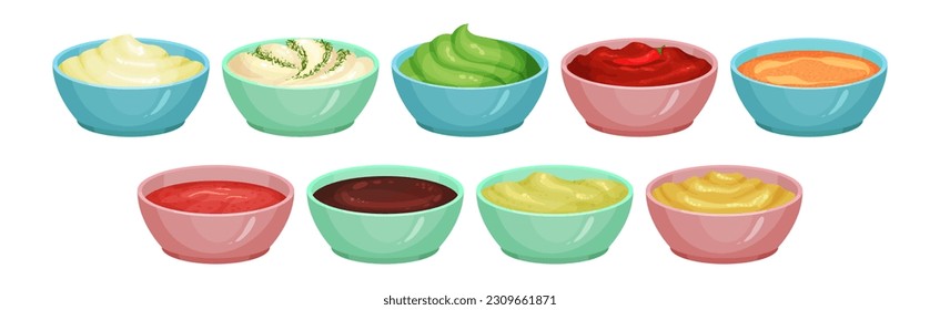 Different Sauces as Liquid or Cream Food Served in Bowls Vector Set