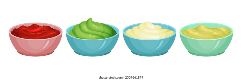 Different Sauces as Liquid or Cream Food Served in Bowls Vector Set