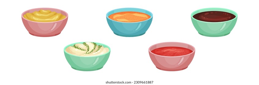 Different Sauces as Liquid or Cream Food Served in Bowls Vector Set