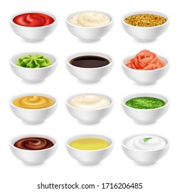 Different sauces in round bowls set. Various ketchup mustard condiment in 3d realistic style. Side view collection. Textured pesto tartar spices isolated on white background. Oil, mayonnaise and sour