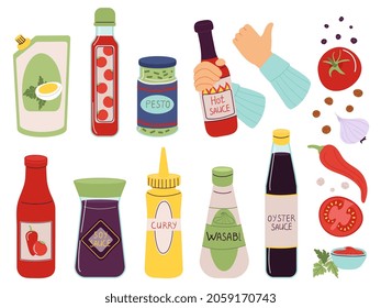 Different sauces. Tomato curry sauce, red bottles. Soy, ketchup and mayonnaise in pack. Isolated hot and spicy topping for food, decent vector kit