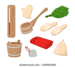 Different sauna accessories vector illustrations set. Cartoon drawings of Russian sauna or bathhouse elements, ladle, mittens, towel, hat isolated on white background. Spa, relaxation concept