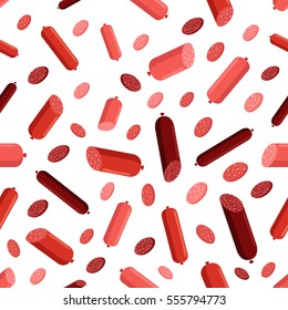 Different sausages, salami, pork seamless pattern. Smoked, grilled, boiled. Flat vector style.