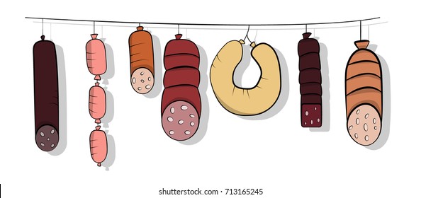 different sausages weigh on a rope,meat dish, vector image, freehand drawing
