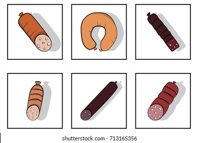 different sausages weigh on a rope,meat dish, vector image, freehand drawing,Set of icons
