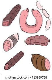 different sausages weigh on a rope,meat dish, vector image, freehand drawing