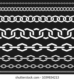 Different scale chains, protection seamless pattern, fencing white vector design element silhouette vector illustration on black background.