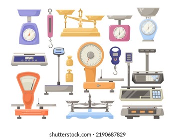 Different Scales For Store Or Kitchen Vector Illustrations Set. Cartoon Drawings Of Weighers Or Instruments For Measuring Weight, Digital Weighing Scale. Balance, Equality, Measurement Concept