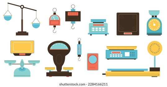 Different scales types. Instruments for weight measurement. Digital and mechanical equipment. Kilograms measuring. Pharmacy or jewelry balance. Household and cargo