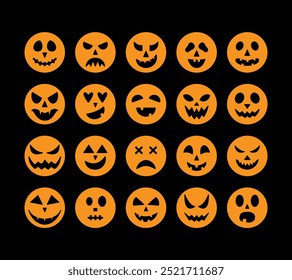 Conjunto de diferentes caras de miedo. Jack O Lantern Emoticons Variación. Colección de Elementos de diseño fantasmagóricos para el 31 de octubre. Emociones divertidas para el Paquete de personajes de calabaza.