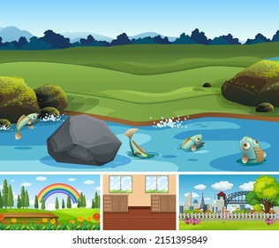 Different scene background with green grass illustration