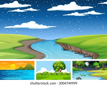 Different scene set of nature park and forest illustration