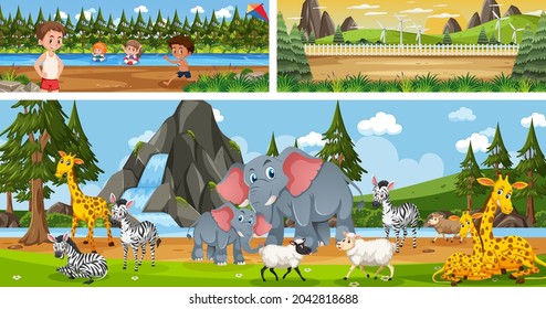 Different scene set with outdoor panoramic landscape in cartoon style illustration