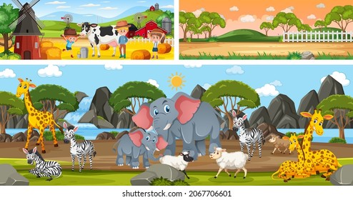 Different scene set with outdoor panoramic landscape in cartoon style illustration