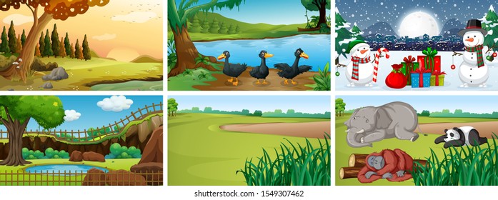 Different scenes with animals in the park illustration