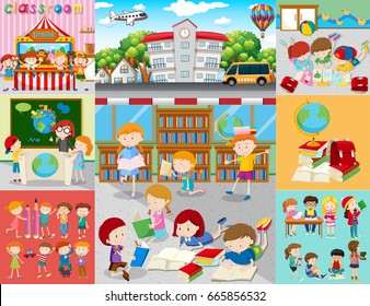 Different scenes with children at school illustration