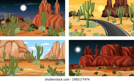 Different scenes with desert forest landscape illustration