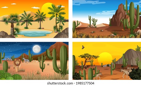 Different scenes with desert forest landscape with animals and plants illustration