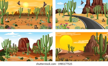 Different scenes with desert forest landscape with animals and plants illustration