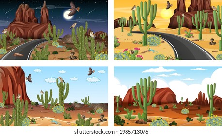 Different scenes with desert forest landscape with animals and plants illustration