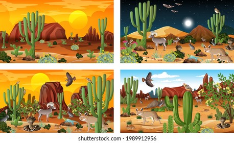 Different scenes with desert forest landscape with animals and plants illustration