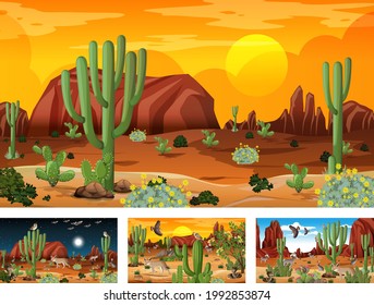 Different scenes with desert forest landscape with animals and plants illustration