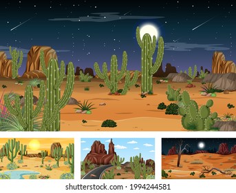Different scenes with desert forest landscape illustration