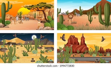 Different scenes with desert forest landscape with animals and plants illustration