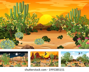 Different scenes with desert forest landscape with animals and plants illustration