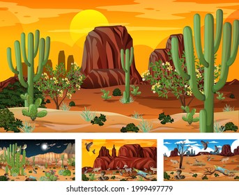 Diferentes escenas con paisaje forestal desértico con ilustraciones de animales y plantas