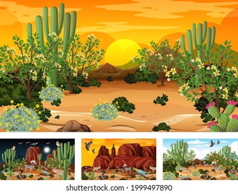 Different scenes with desert forest landscape with animals and plants illustration