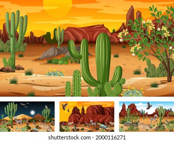 Different scenes with desert forest landscape with animals and plants illustration