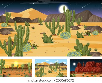 Different scenes with desert forest landscape with various desert plants illustration