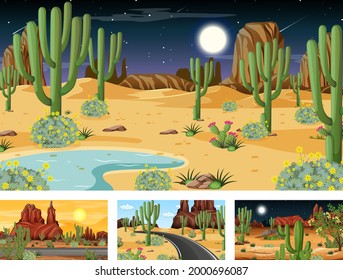 Different scenes with desert forest landscape with various desert plants illustration