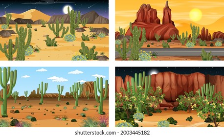 Different scenes with desert forest landscape with various desert plants illustration