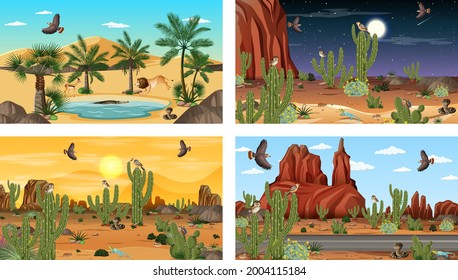 Diferentes escenas con paisaje forestal desértico con ilustraciones de animales y plantas